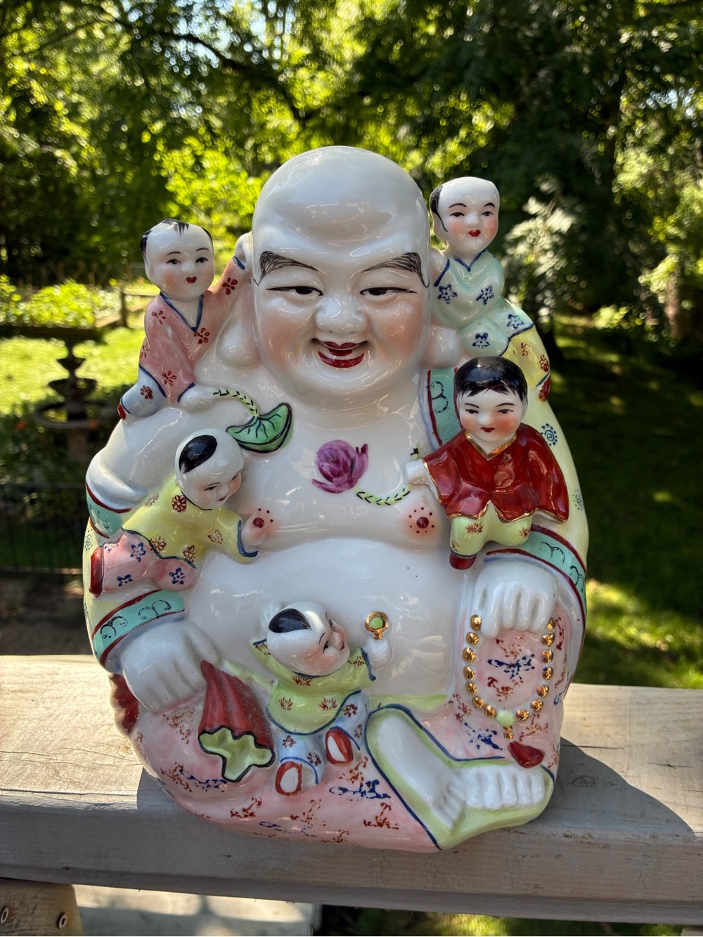 Vintage Hand-Painted Porcelain Laughing Buddha Figurine with 5 Children